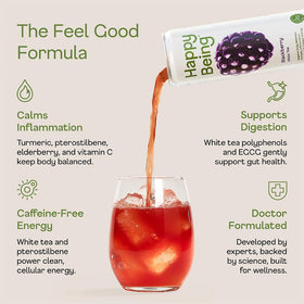 Happy Being Blackberry White Tea steeped cup reveals golden hue with berry notes.