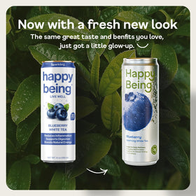 Happy Being Blueberry Sparkling White Tea glass pour capturing a light, caffeine-free experience