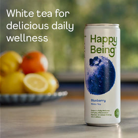 Happy Being Blueberry White Tea 16-pack box on display for easy sharing.