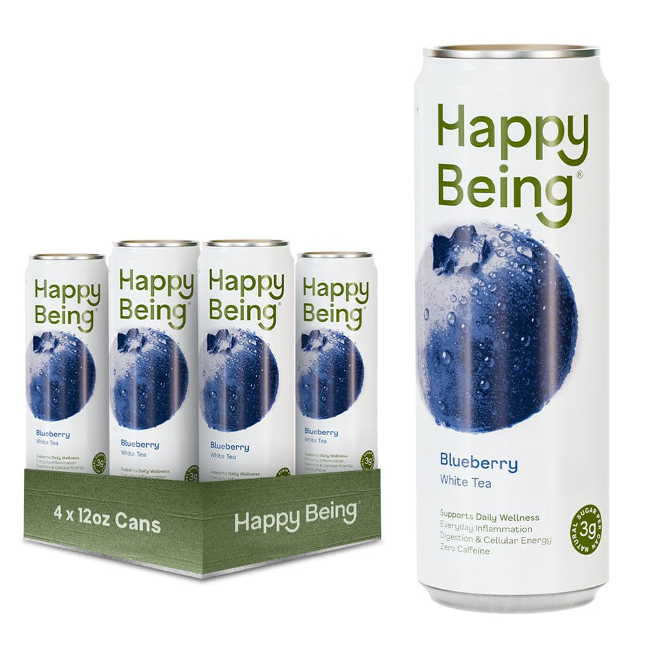 Happy Being blueberry white tea bottle—antioxidant-rich refreshment for daily wellness.