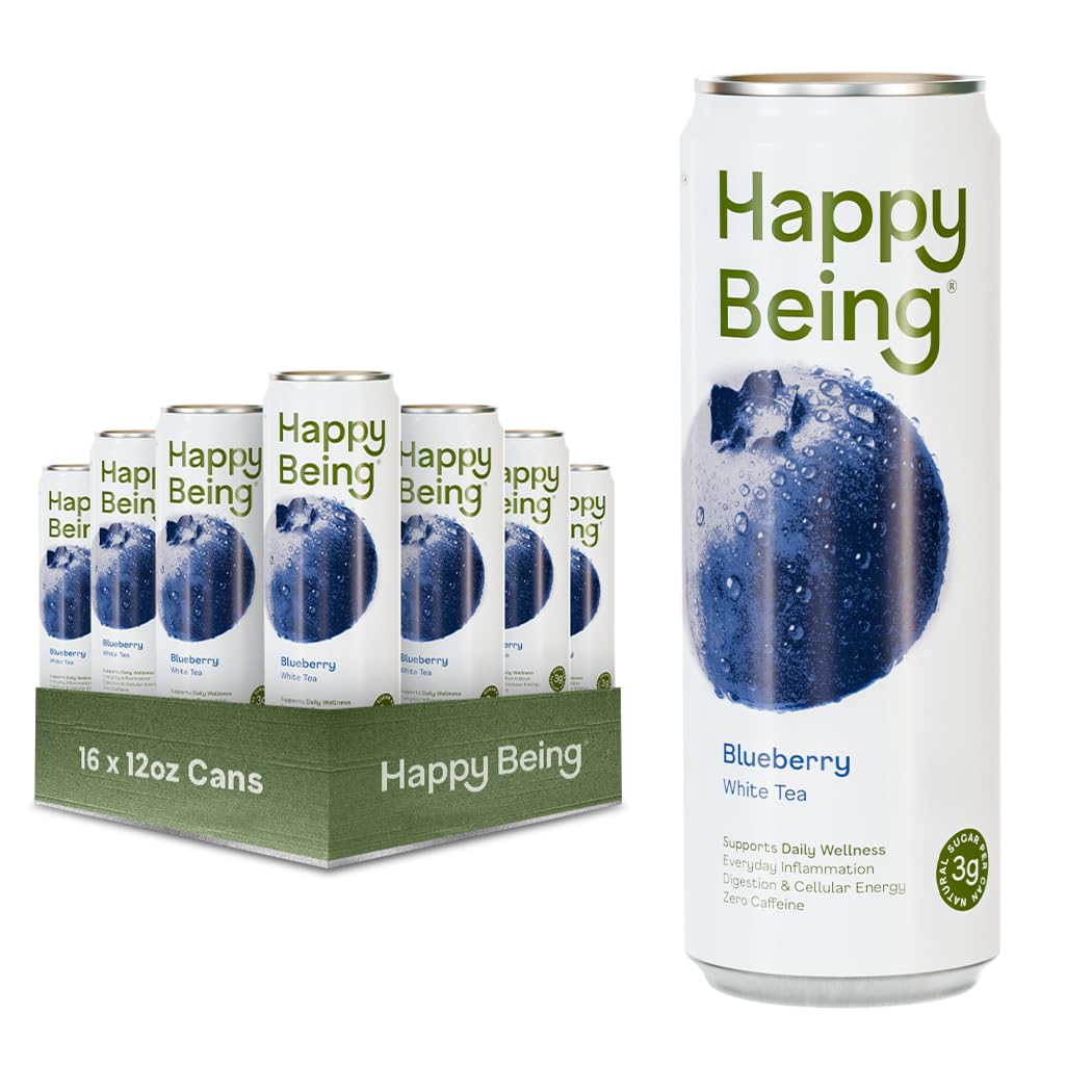 Happy Being Blueberry White Tea bottle, caffeine-free refreshment for daily vitality.
