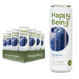 Happy Being Blueberry White Tea bottle, caffeine-free refreshment for daily vitality.