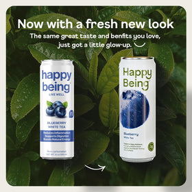 Happy Being Blueberry White Tea closeup of ingredients including turmeric and elderberry.