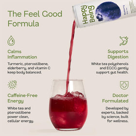 Happy Being blueberry white tea glass—hydrating, flavorful sip.