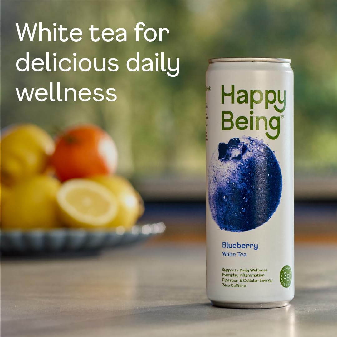 Happy Being blueberry white tea pour—gentle, caffeine-free refreshment.