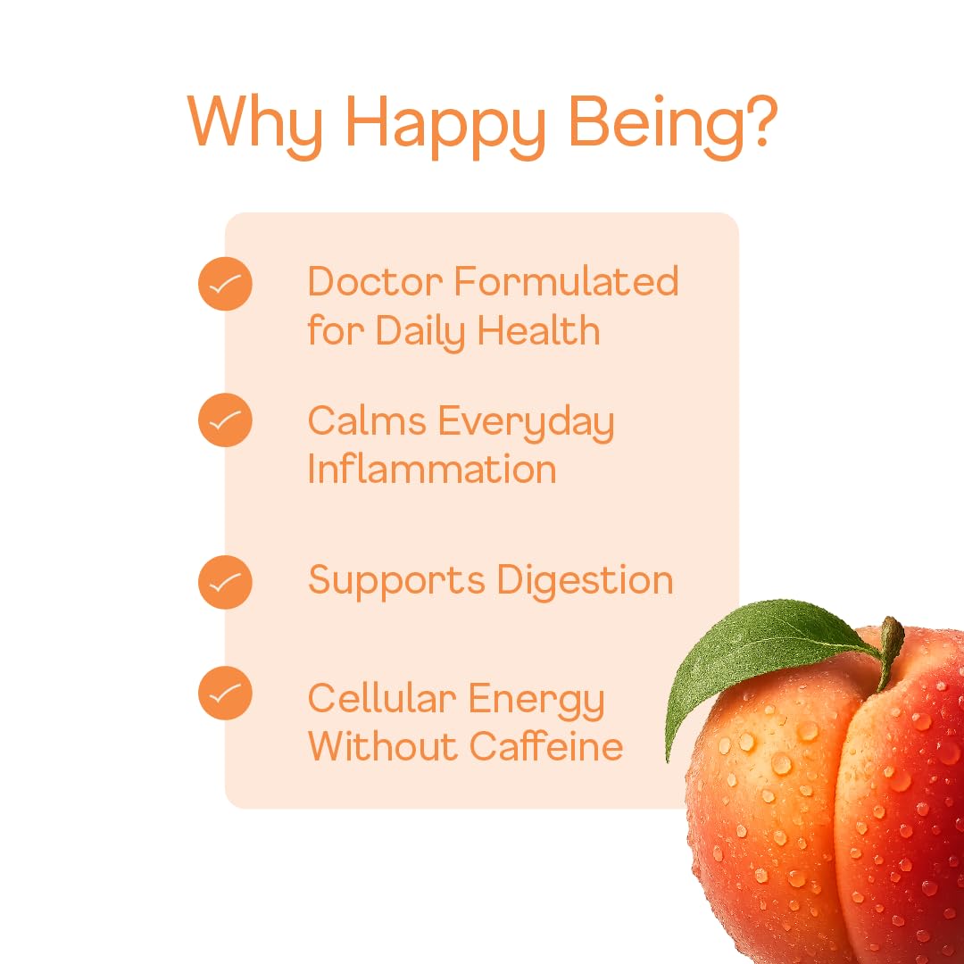 Happy Being lifestyle scene shows ready-to-drink wellness moments with peach spark.