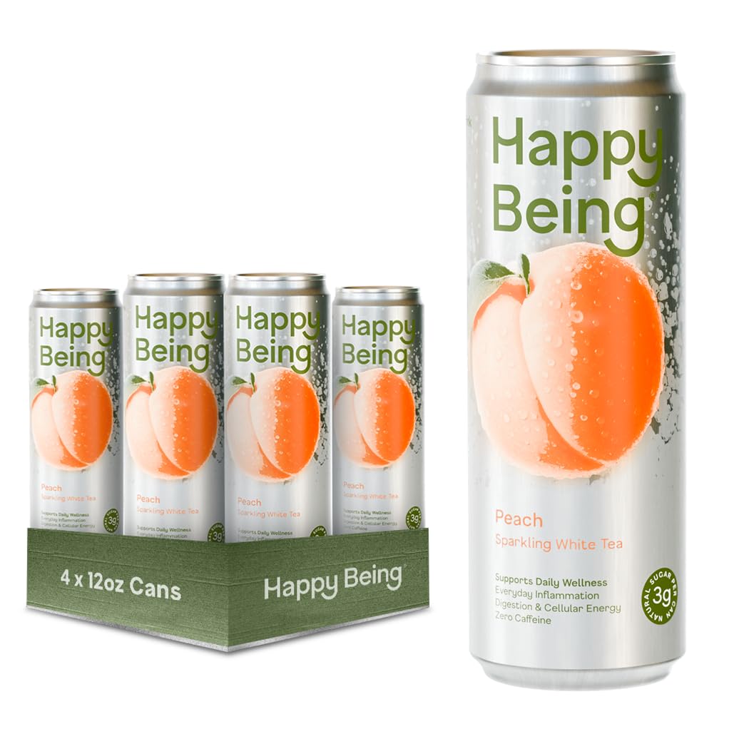 Happy Being Peach Sparkling White Tea bottle front highlights peach flavor for a refreshing break.
