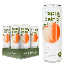 Happy Being Peach White Tea bottle on display; antioxidant-rich refreshment.