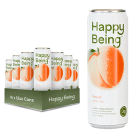 Happy Being Peach White Tea bottle shows caffeine-free, antioxidant-rich refreshment.