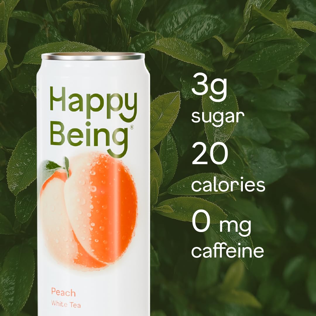 Happy Being Peach White Tea 4-pack packaging; low sugar and calories.