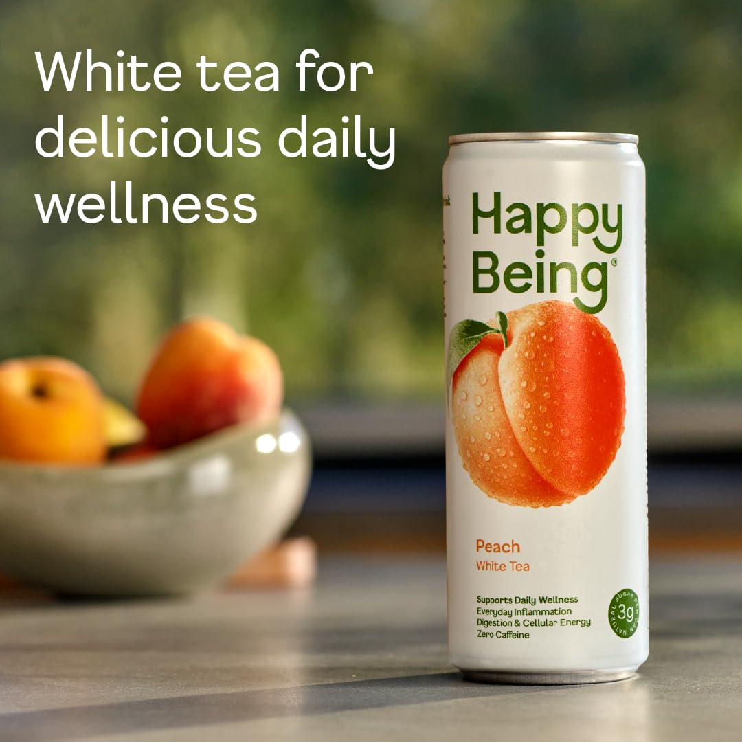 Happy Being Peach White Tea packaging highlights plant-based, low-sugar wellness.
