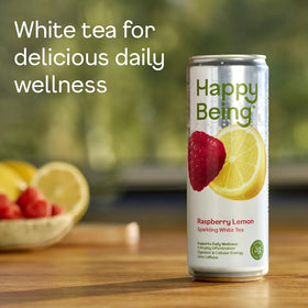 Happy Being Raspberry Lemon Sparkling White Tea bottle close-up—natural ingredients and low sugar.