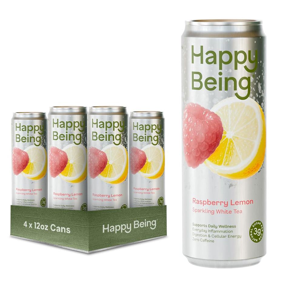 Happy Being Raspberry Lemon Sparkling White Tea bottle—refreshing, antioxidant-rich.