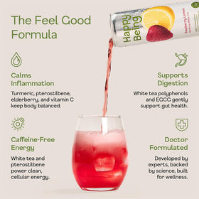 Pouring Happy Being Raspberry Lemon Sparkling White Tea into a glass, caffeine-free option.