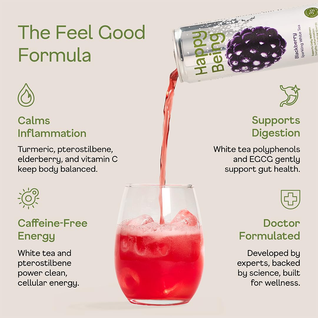 Happy Being Blackberry Sparkling White Tea can on shelf with berry flavor hint