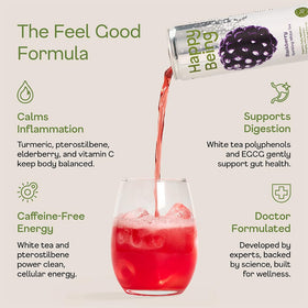 Happy Being Blackberry Sparkling White Tea can on shelf with berry flavor hint