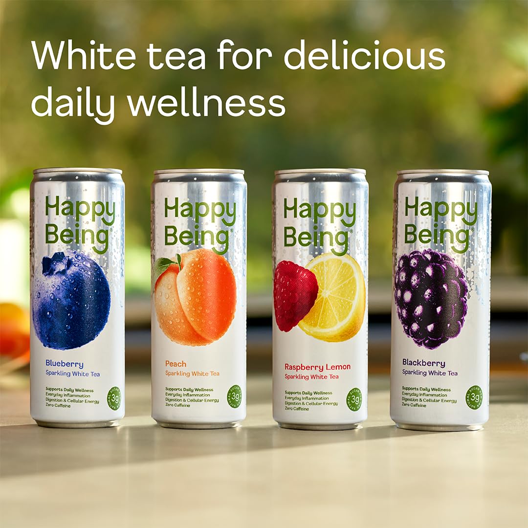 Happy Being White Tea Sparkling Blackberry bottle with bold berry note