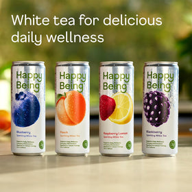Happy Being White Tea Sparkling Blackberry bottle with bold berry note