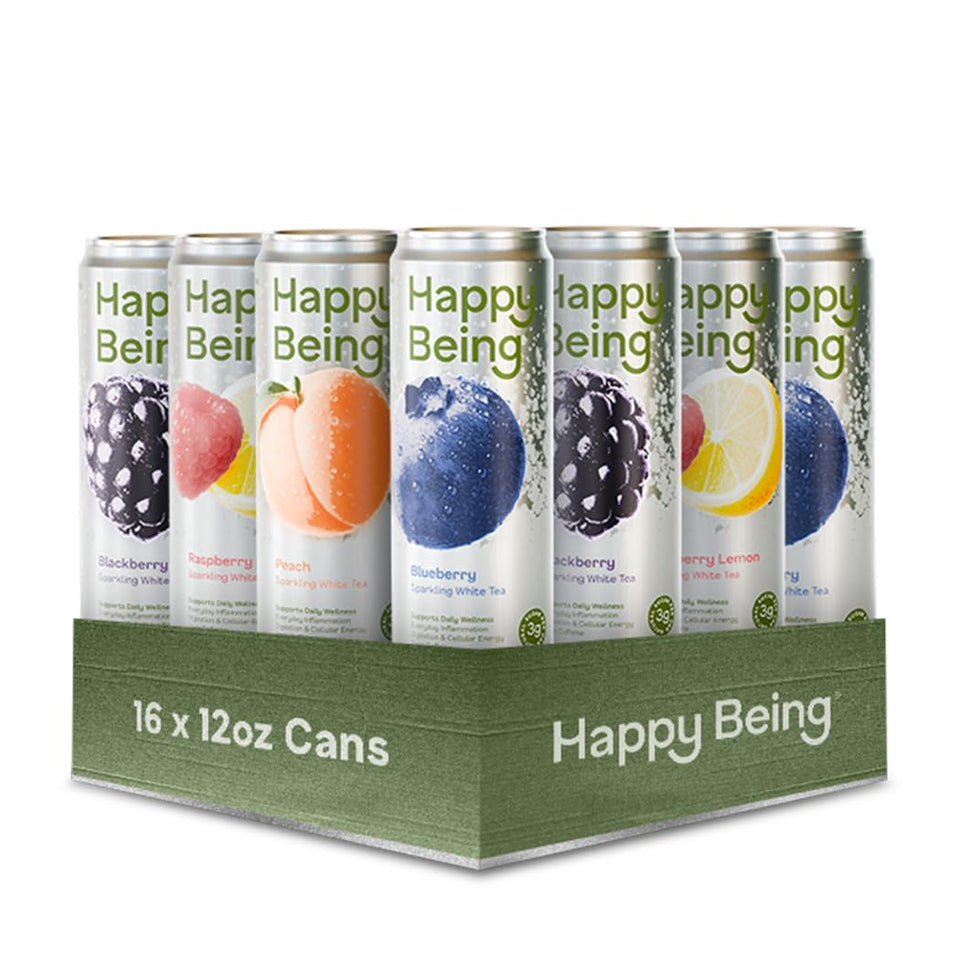 Happy Being White Tea Sparkling Blueberry bottle, refreshing caffeine-free flavor option