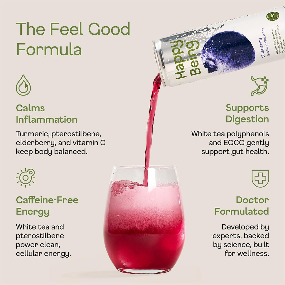 Happy Being White Tea Sparkling Raspberry Lemon can highlights crisp citrus