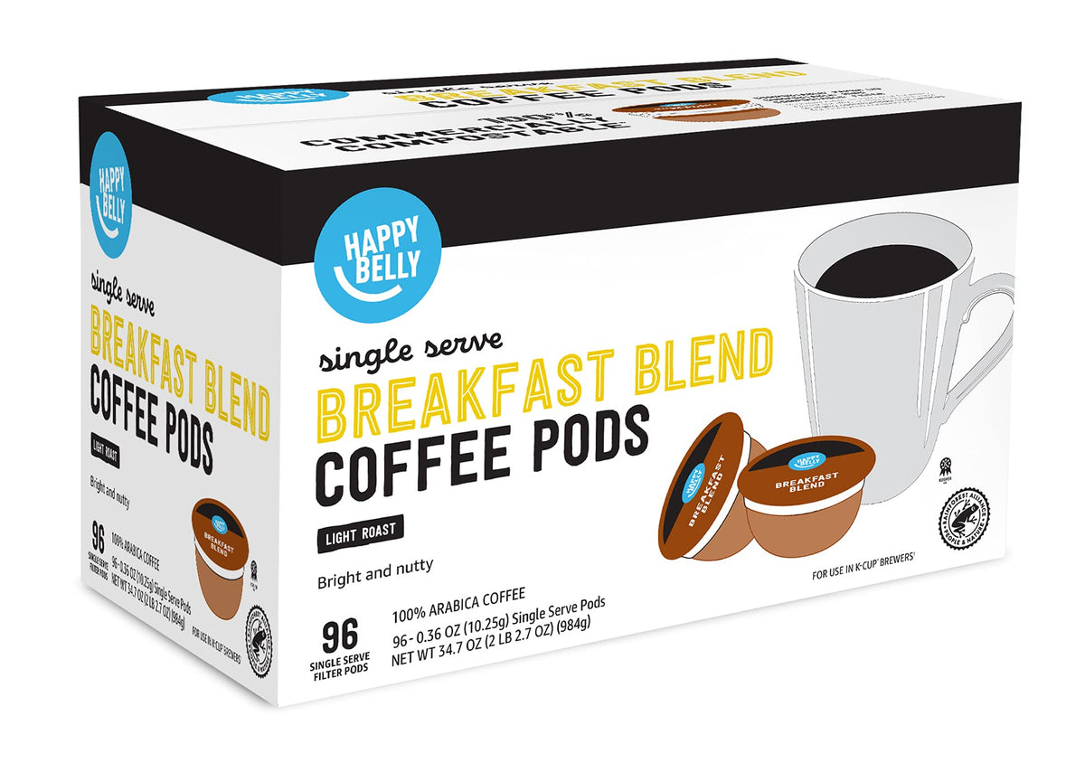 Happy Belly Breakfast Blend compostable pods support eco-conscious waste reduction.