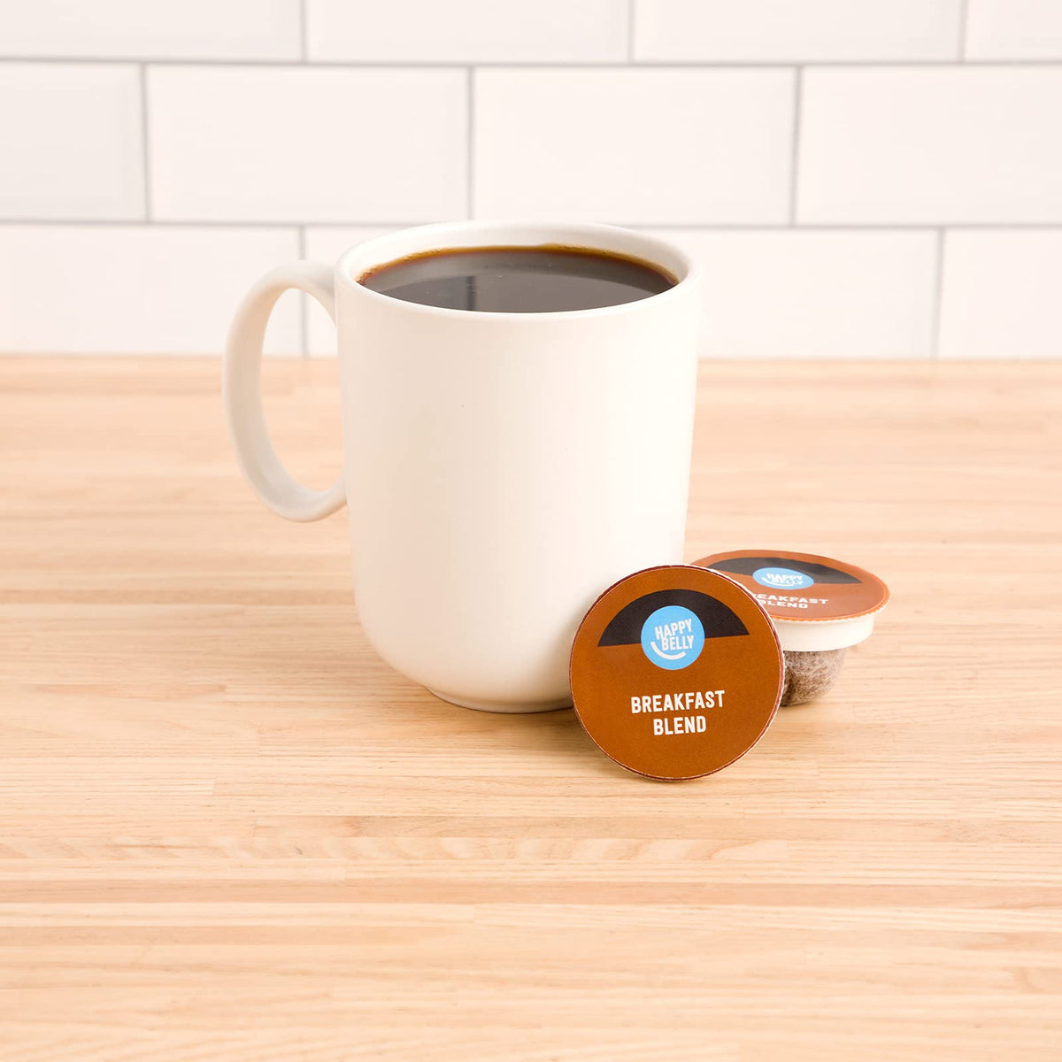 Happy Belly Breakfast Blend pods light roast delivers smooth morning cup.