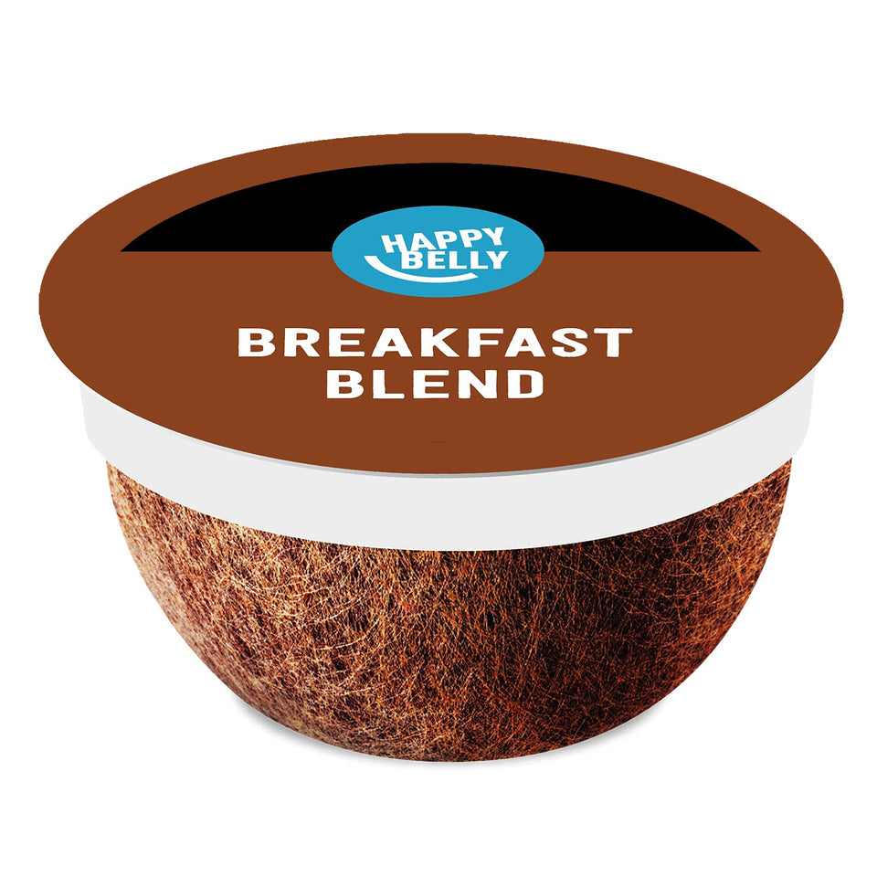 Happy Belly Breakfast Blend pods packaging for eco-friendly, quick mornings.