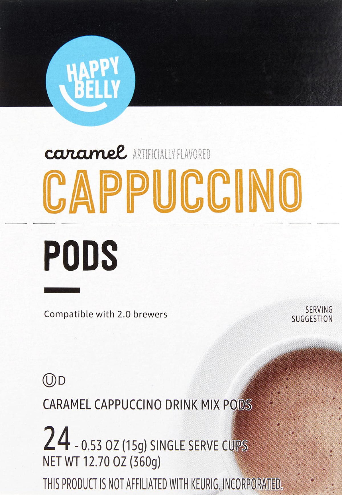 Cup of Happy Belly Cappuccino caramel latte ready in minutes for a quick treat.