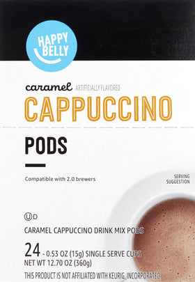 Cup of Happy Belly Cappuccino caramel latte ready in minutes for a quick treat.