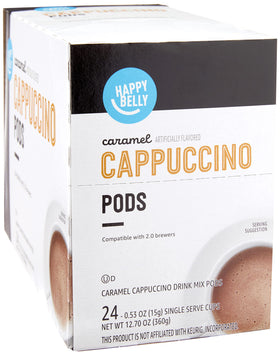 Happy Belly Cappuccino pods packaging with caramel flavor for convenient single-serve indulgence.
