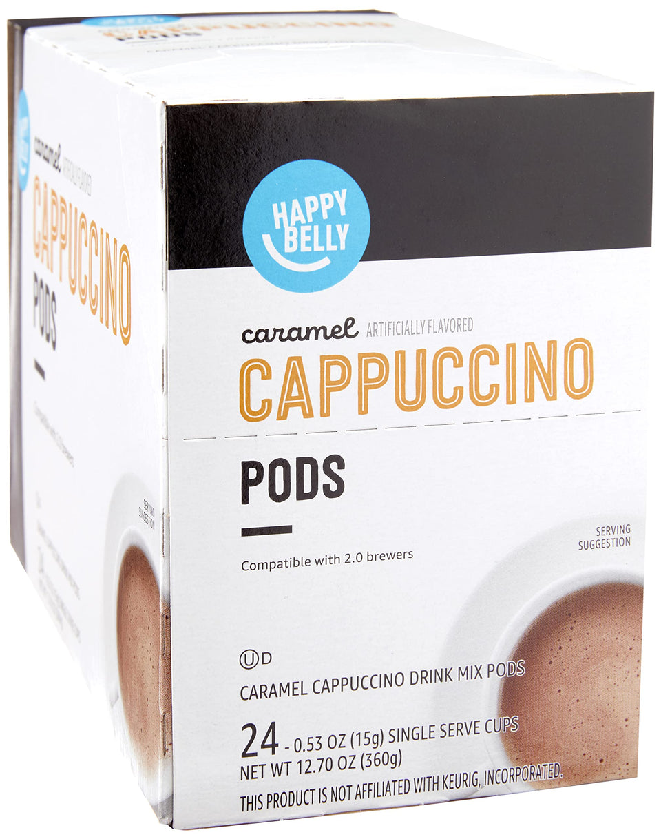Happy Belly Cappuccino pods packaging with caramel flavor for convenient single-serve indulgence.