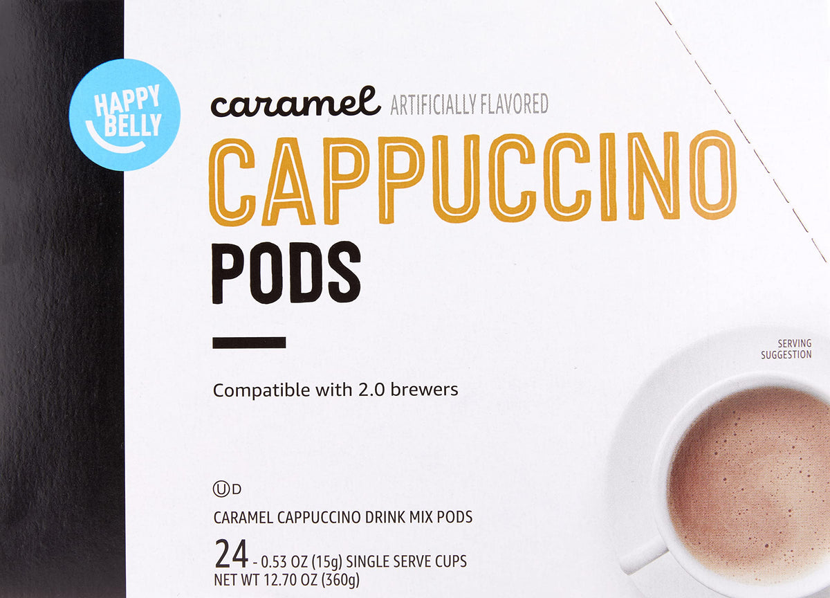 Satisfaction guarantee is included with Happy Belly cappuccino pods.