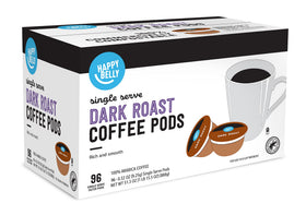 Happy Belly dark roast pods beside a K-Cup brewer showing broad compatibility.