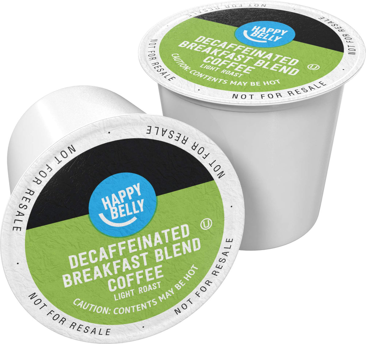 Happy Belly decaf breakfast blend pods packaging for easy, on-the-go selection.
