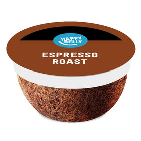 Happy Belly Espresso Roast pod box shows the 96-count pack for quick mornings.