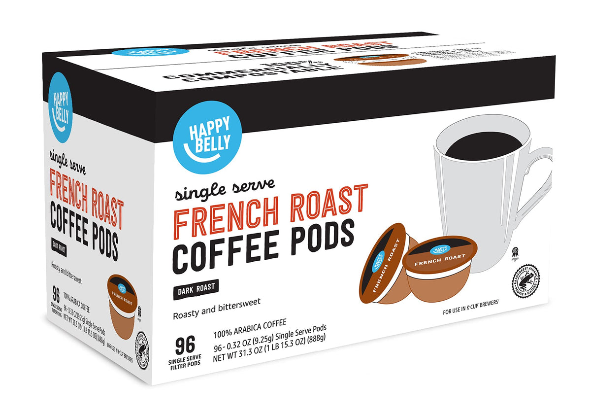 Happy Belly French Roast brewing in cup with steam and inviting aroma.
