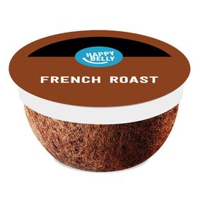 Happy Belly French Roast pods box front with 96-count packaging for quick single-serve mornings.