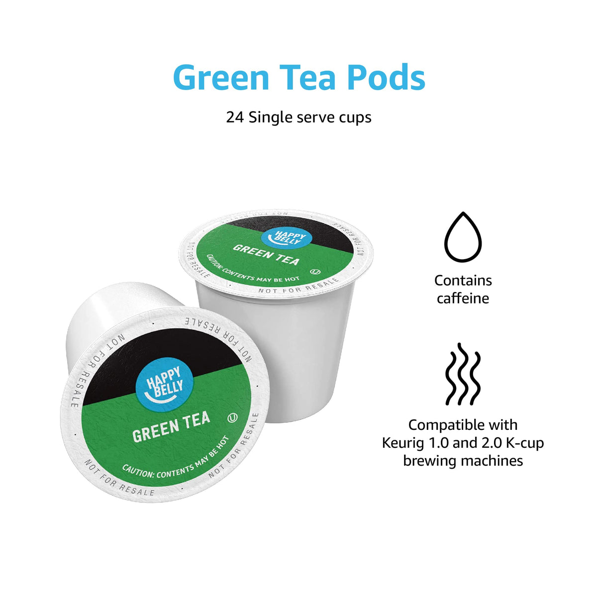 A steaming cup of Happy Belly green tea brewed from pods for a simple daily ritual.