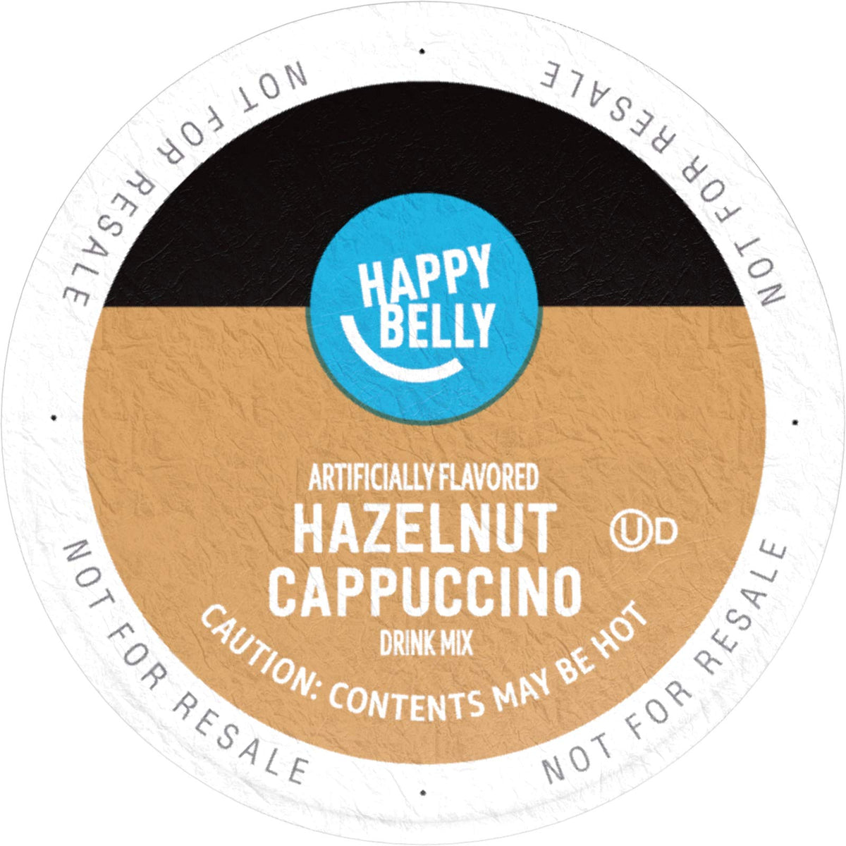 Close-up of Happy Belly hazelnut cappuccino pod pouring rich crema for a convenient morning ritual.