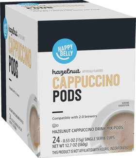 Happy Belly hazelnut cappuccino pods in a box for quick, flavorful mornings.