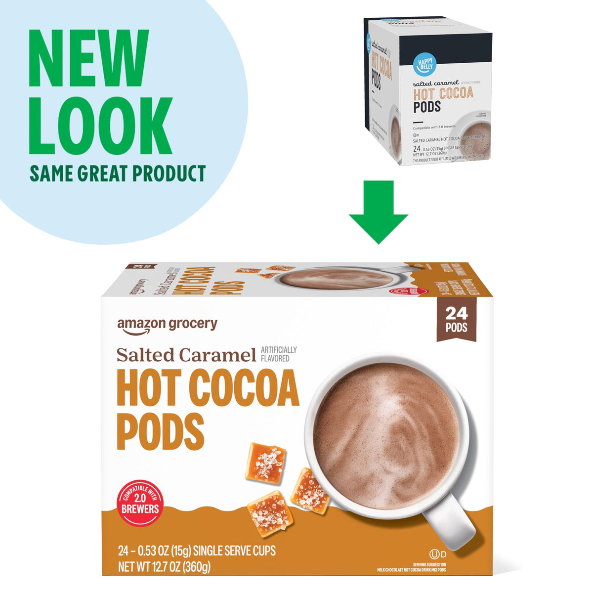 Happy Belly cocoa pods compatible with 1.0 and 2.0 K-Cup brewers.