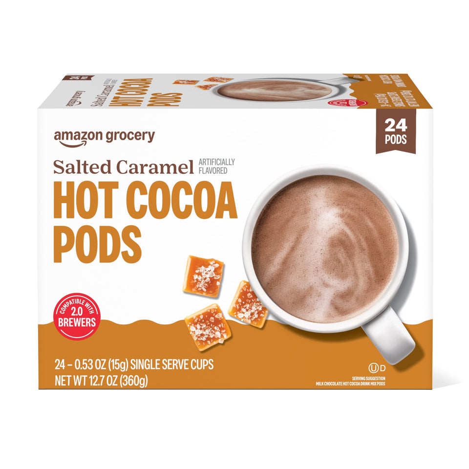 Happy Belly salted caramel cocoa pods in 24-count packaging for quick indulgence.