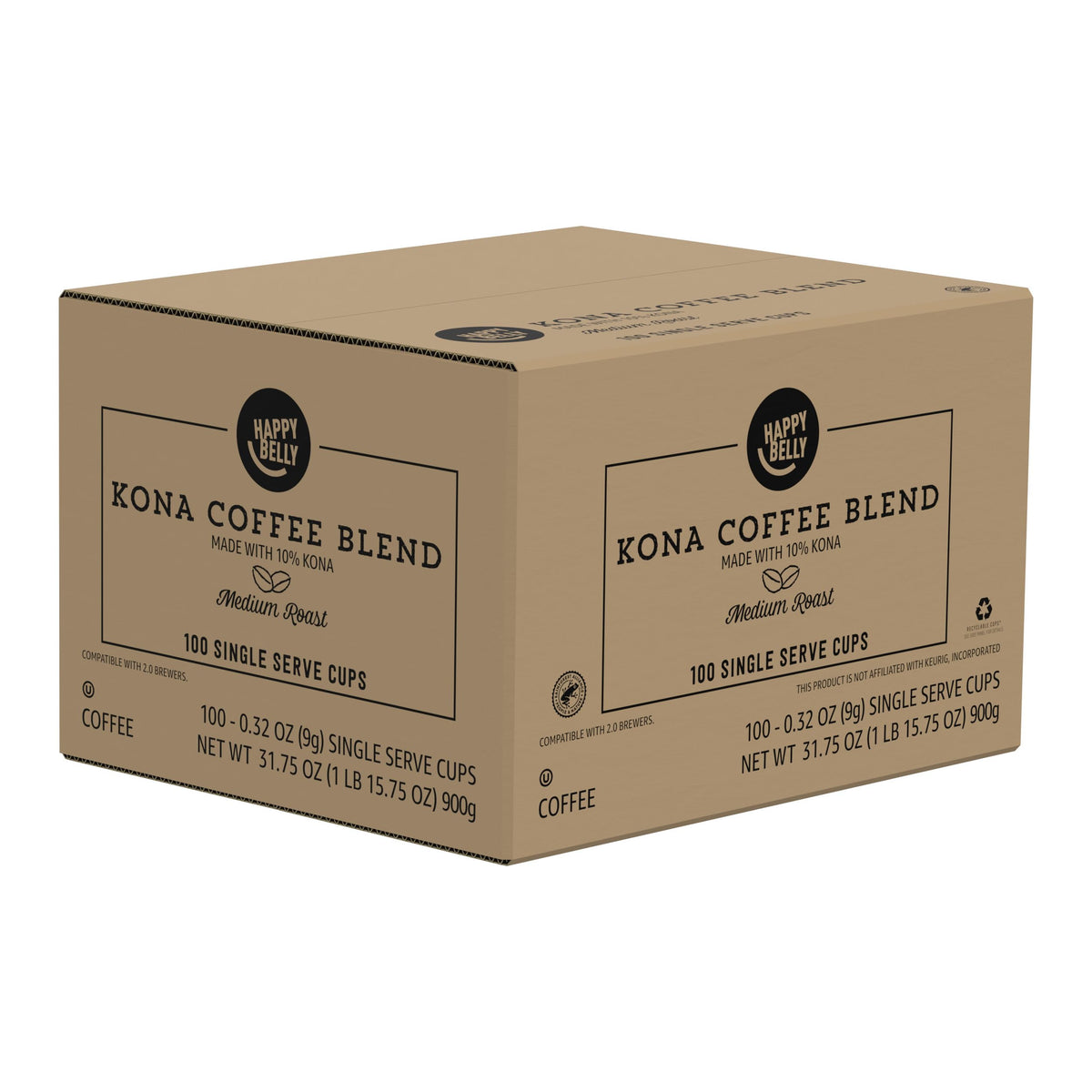 Happy Belly Kona Blend pods in a Keurig brewer for a quick cup