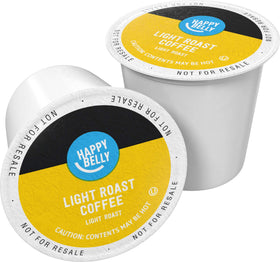 Happy Belly light roast coffee pods packaging in a 100-count box for Keurig brewers.