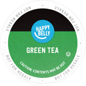 Happy Belly green tea pods showing compatibility with 1.0 and 2.0 Keurig brewers.