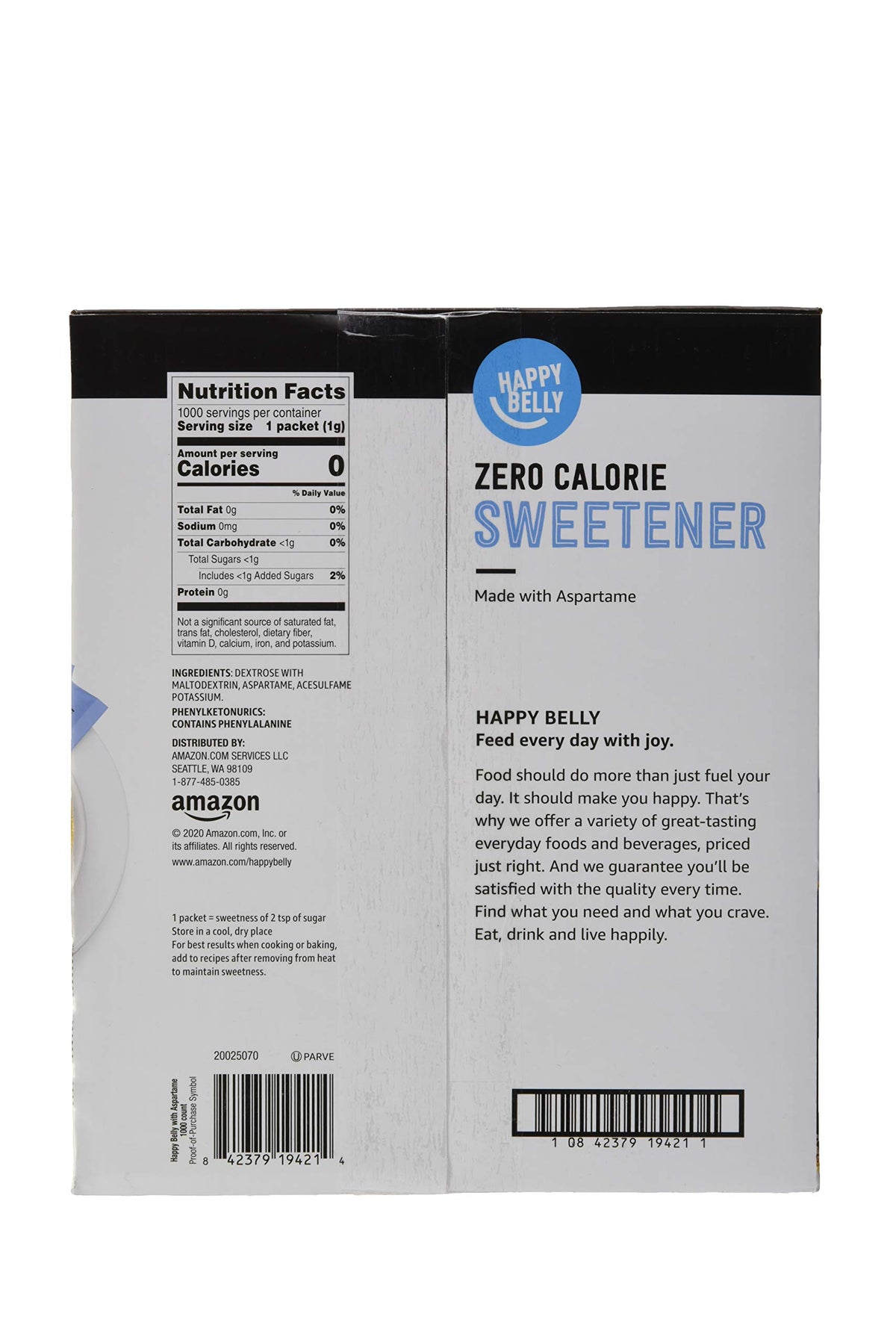 Happy Belly zero calorie blue sweetener box with 1000 packets