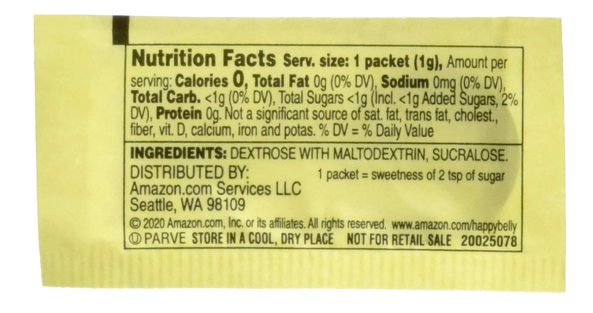 Happy Belly sugar-free packets suitable for beverages and baking.