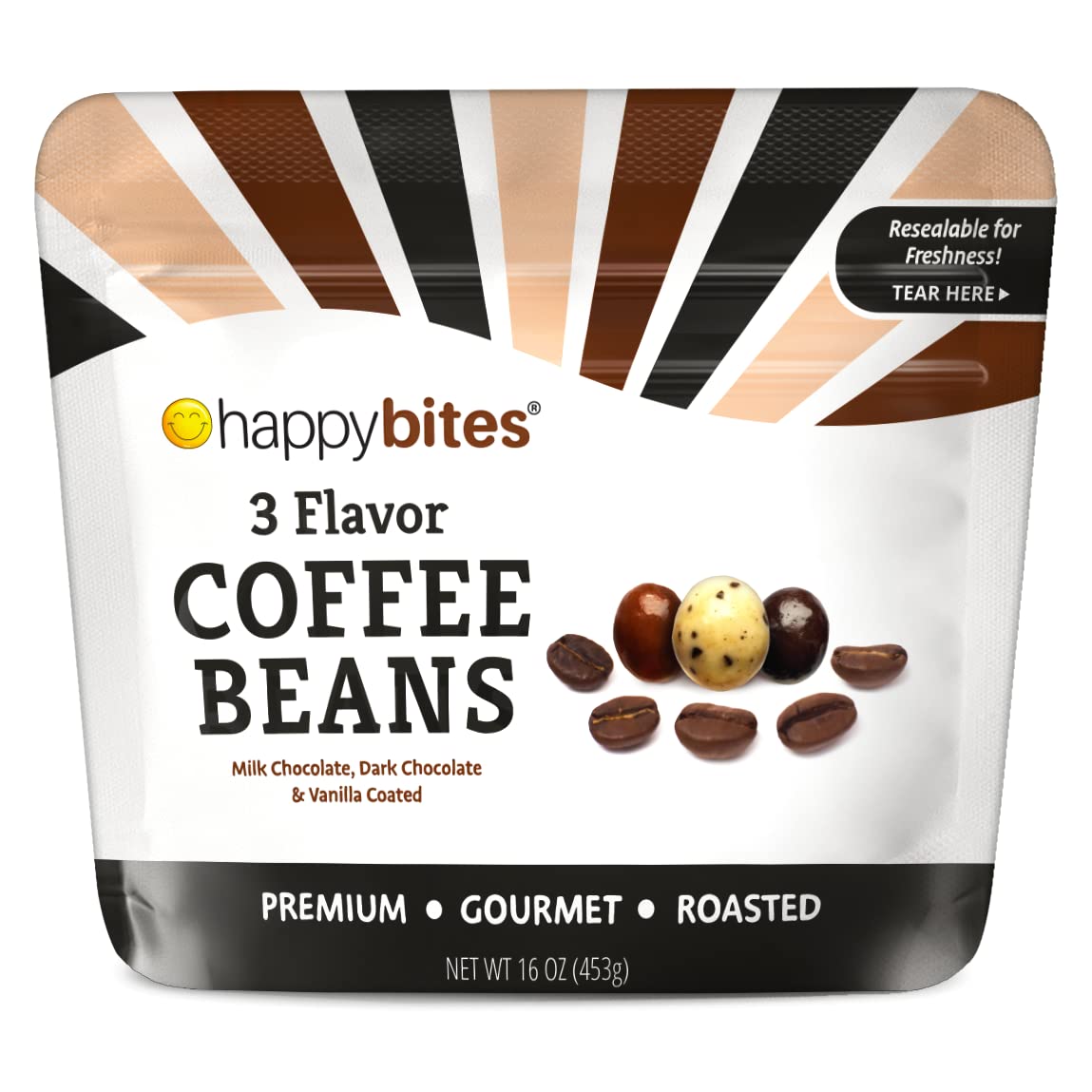 Happy Bites 3 Flavor Coffee Beans bag front, showing variety and portability for on-the-go snacking.