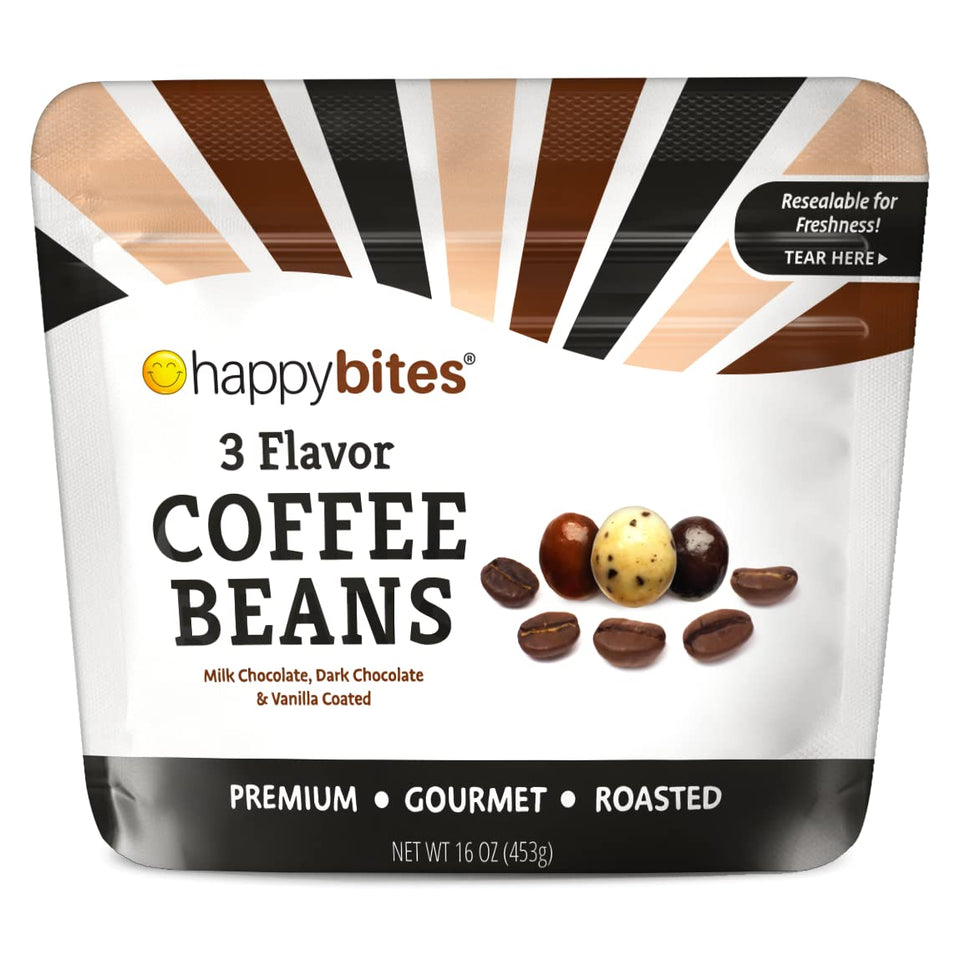 Happy Bites 3 Flavor Coffee Beans bag front, showing variety and portability for on-the-go snacking.