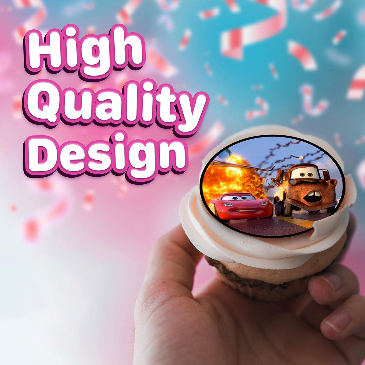 Happy Choices edible paper toppers closeup with vibrant race car designs